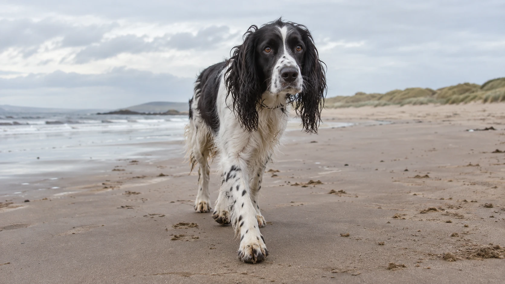 Black-and-white English Springer Spaniel walking toward the camera on a sandy beach under an overcast sky.