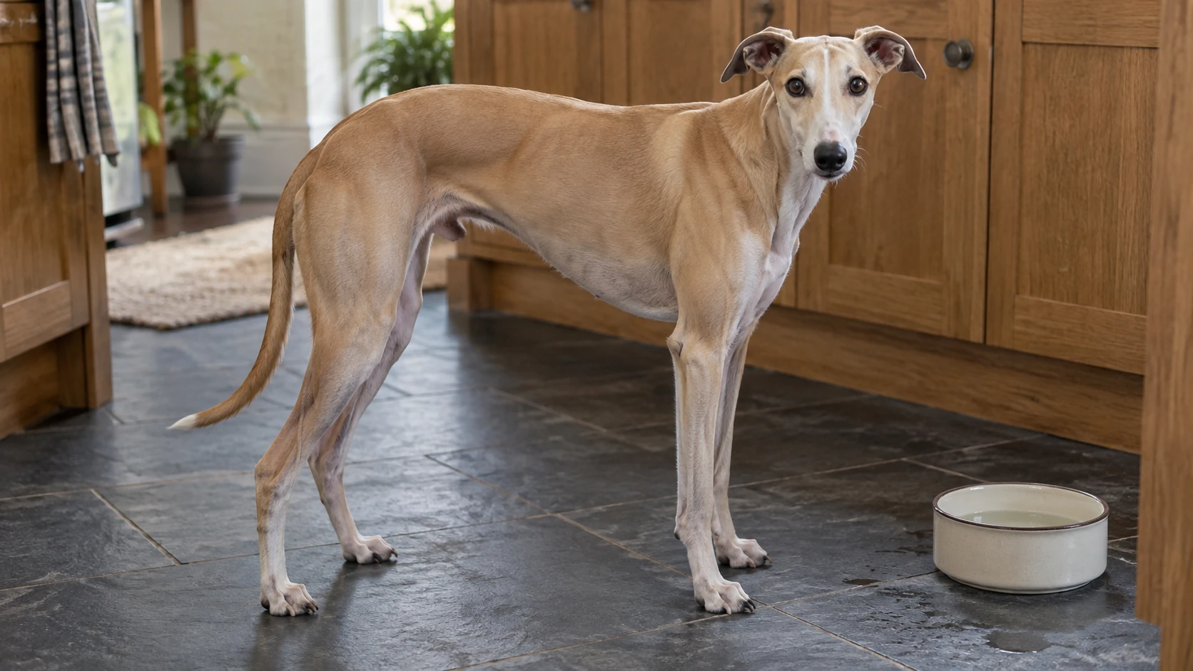 A fawn Whippet standing beside a plain ceramic water bowl on a slate floor.