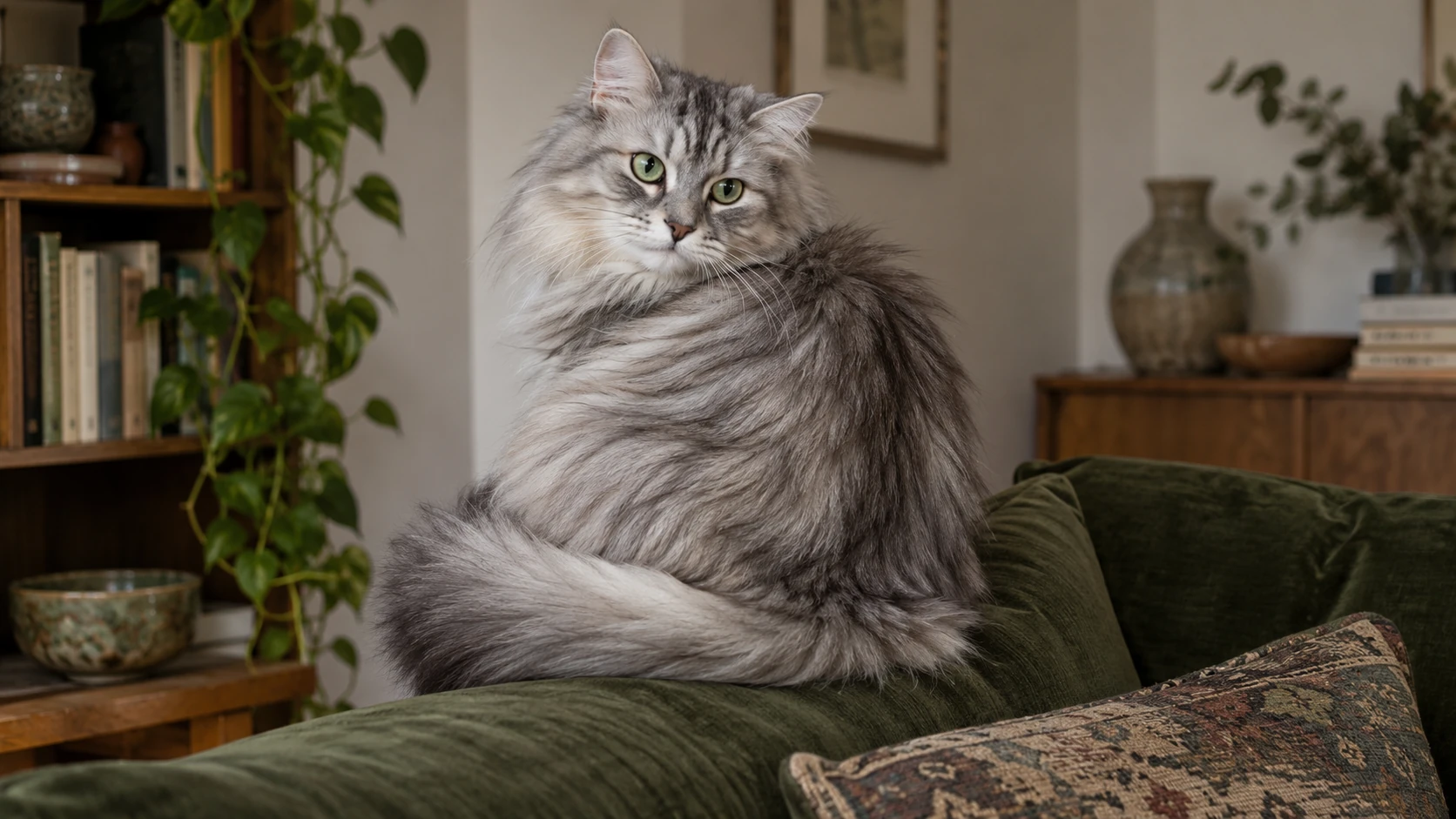 Silver long-haired cat looking over its shoulder while resting on a green sofa.
