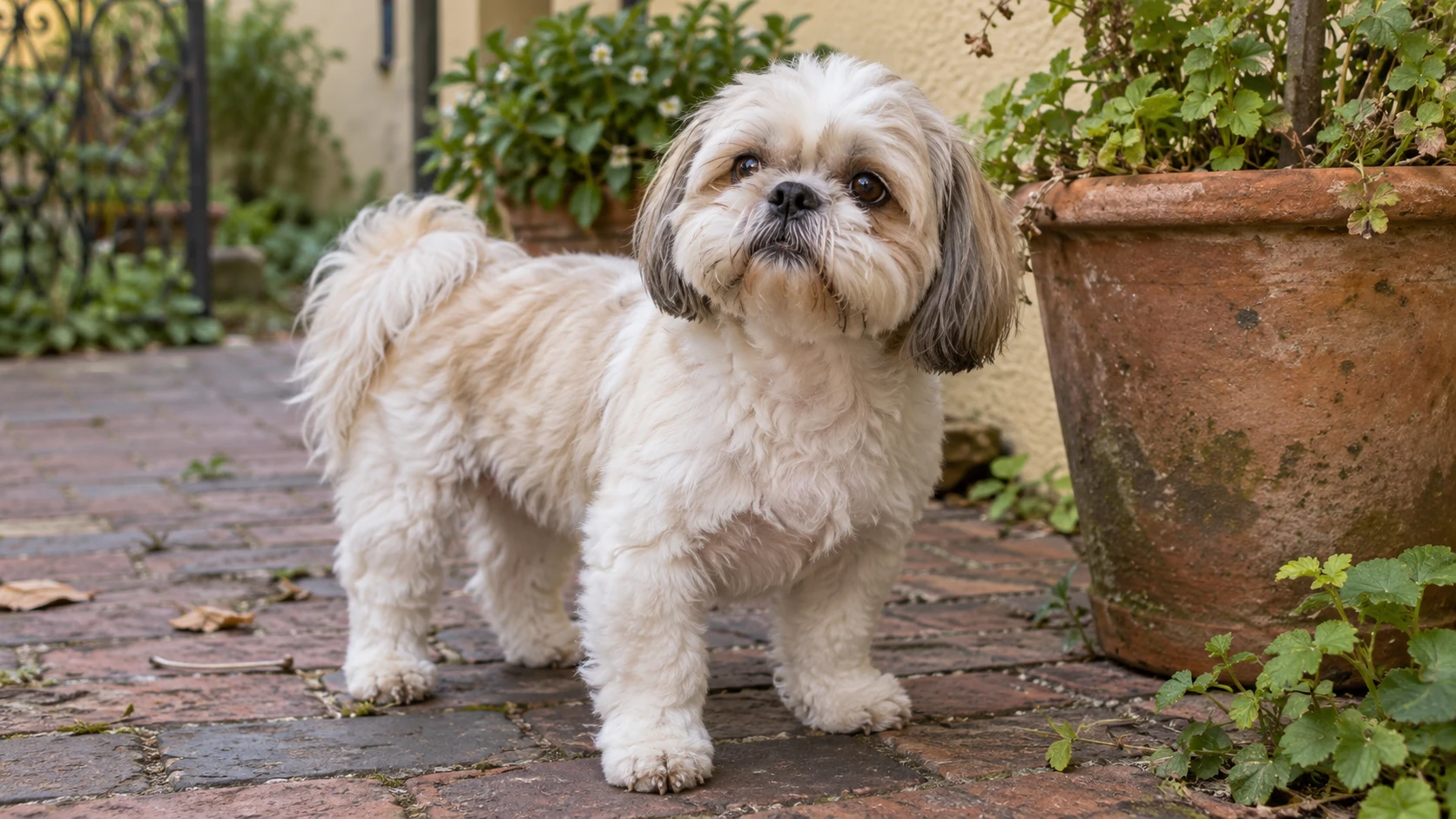A cream-and-white Shih Tzu standing beside a terracotta pot on a brick patio.