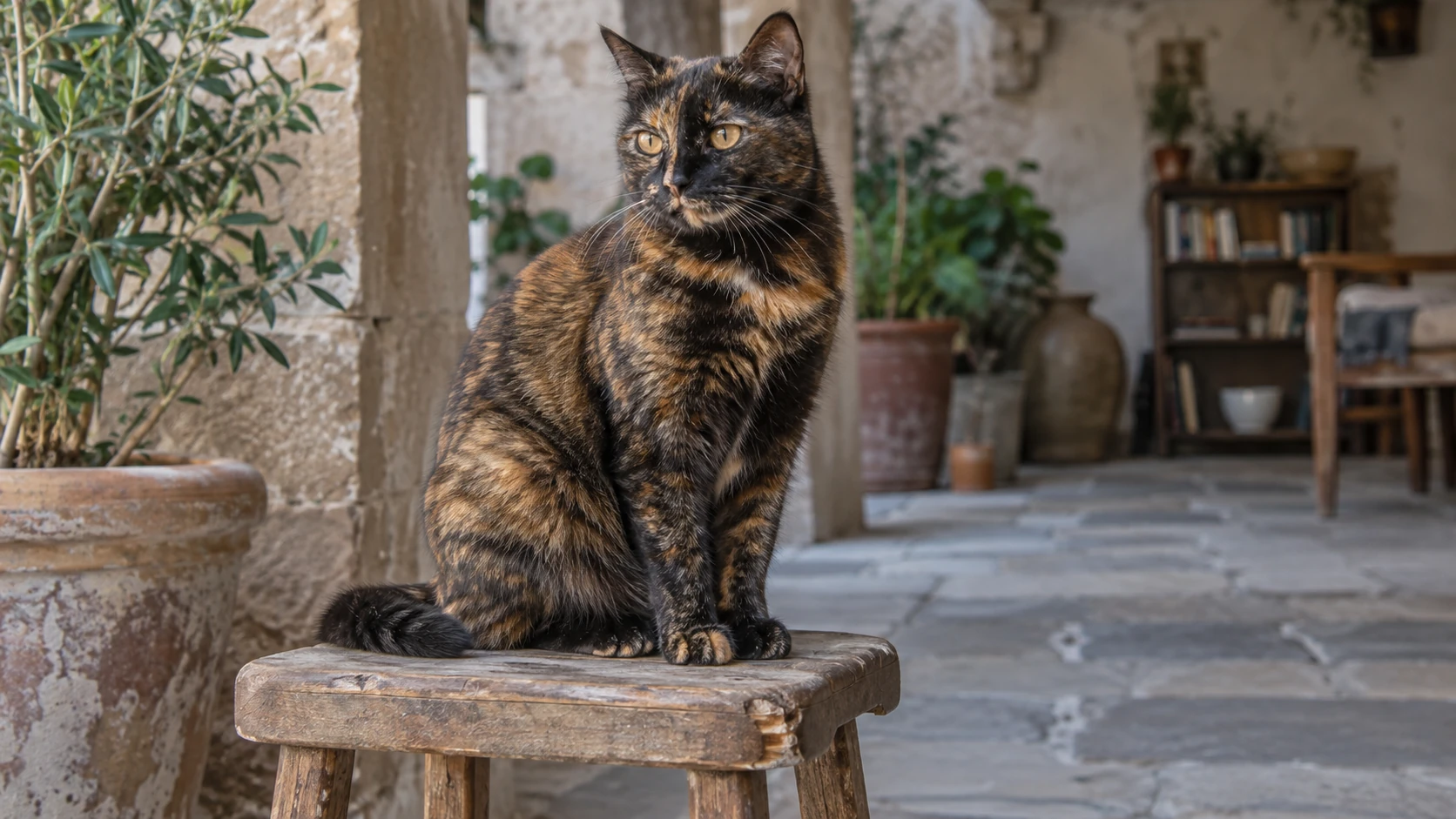 A tortoiseshell cat sitting on a weathered wooden stool in a shaded courtyard.