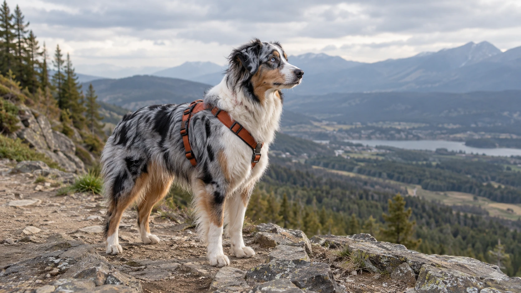 A blue merle Australian Shepherd wearing a rust-colored harness on a hillside trail.