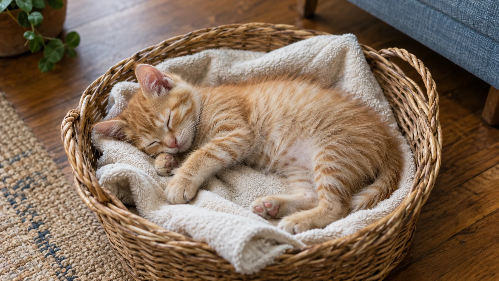 A ginger kitten sleeping in a wicker basket lined with a cotton towel.