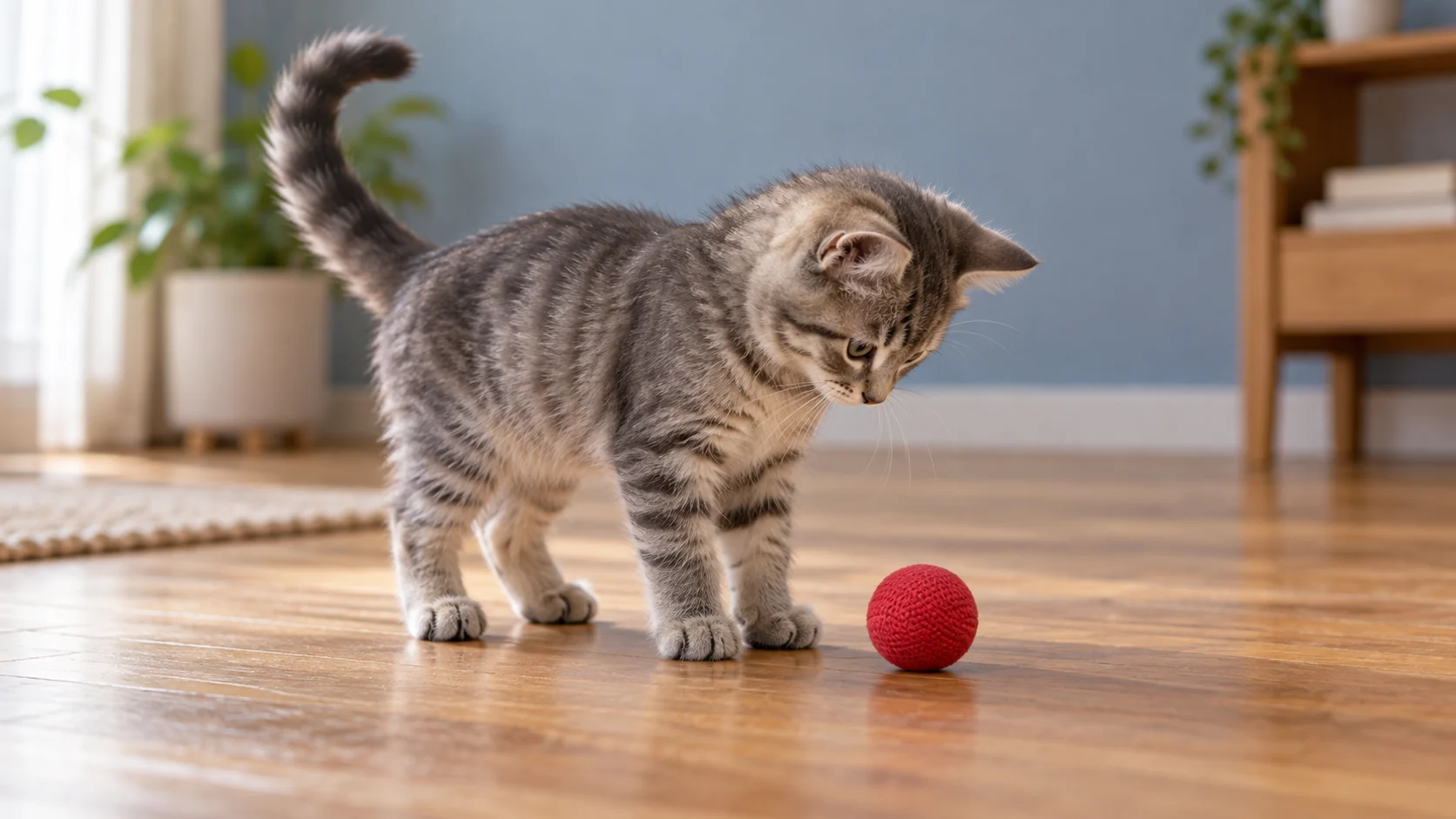 Gray tabby kitten looking at a red fabric ball on a wooden floor.