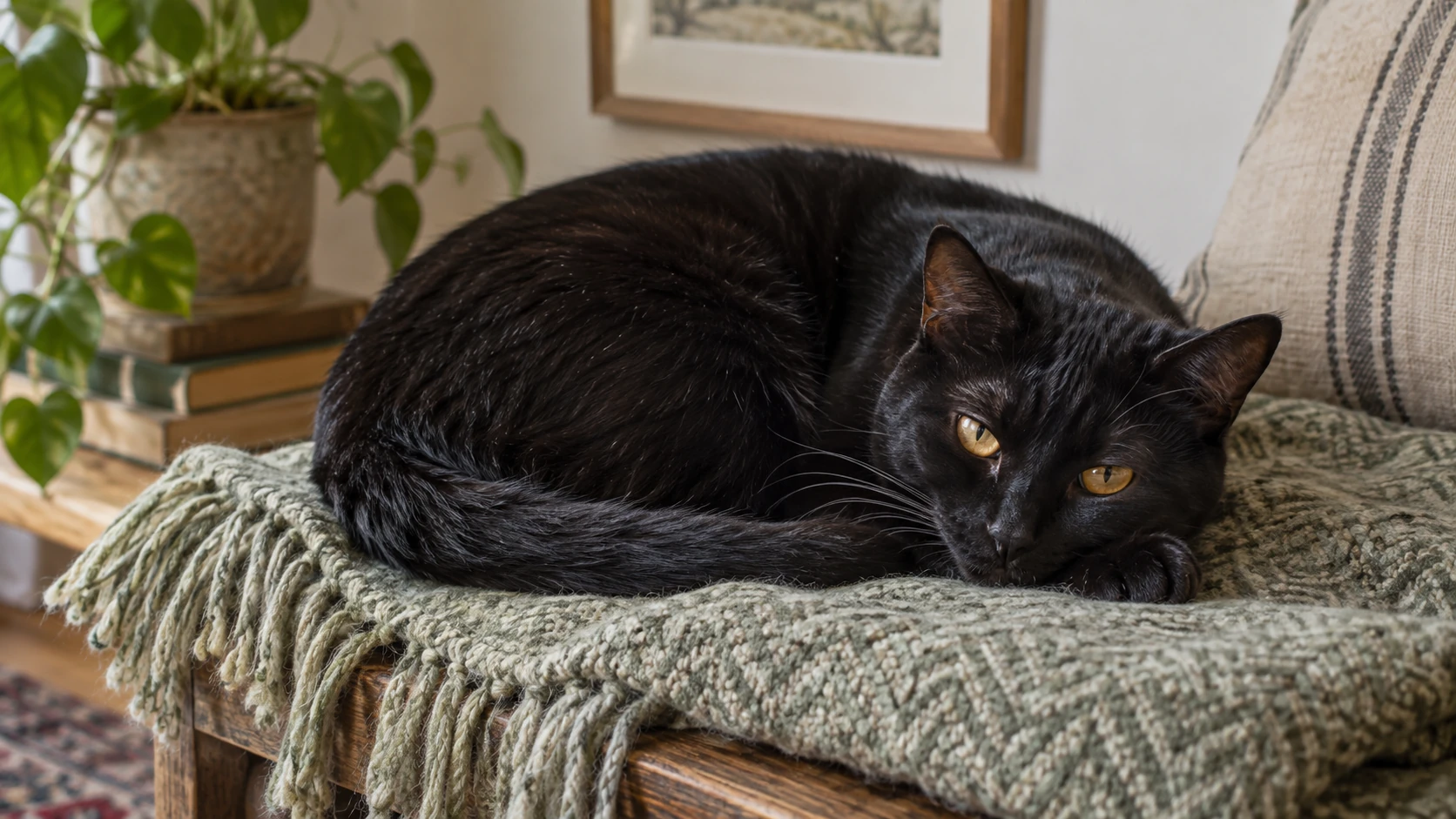 A black cat resting on a sage blanket with its head on its front paws.