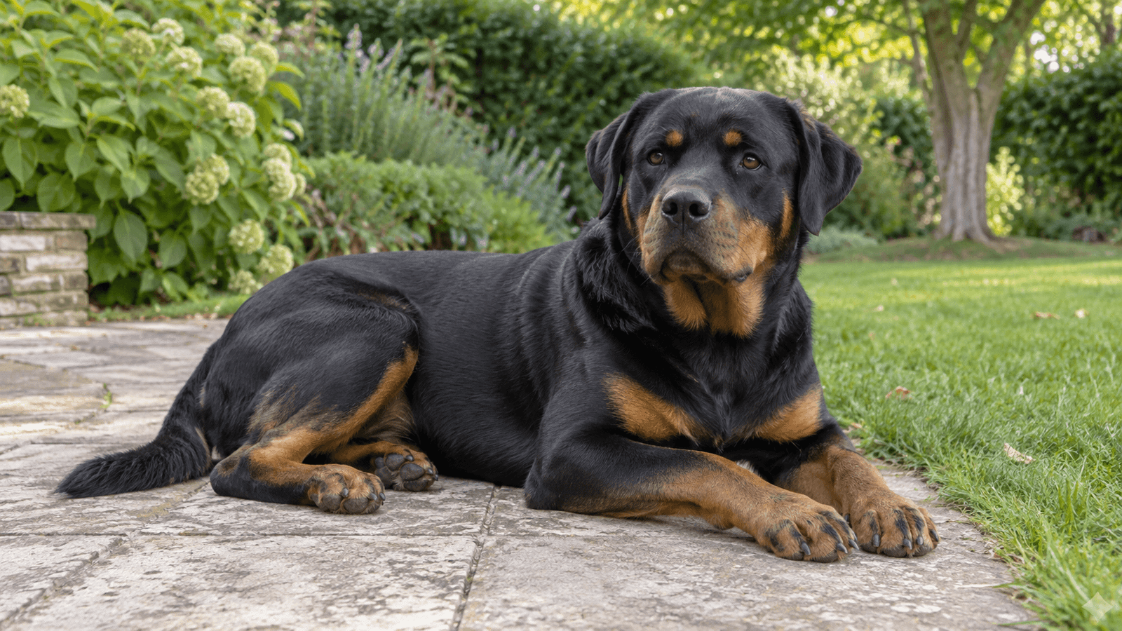 Black-and-tan Rottweiler resting on a stone garden path beside a green lawn, looking toward the camera.