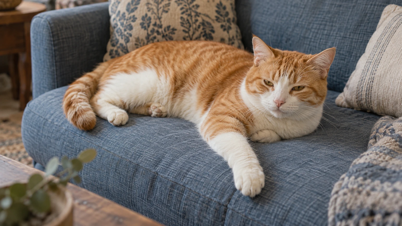 An orange-and-white cat relaxing on a blue linen sofa with one front paw extended.