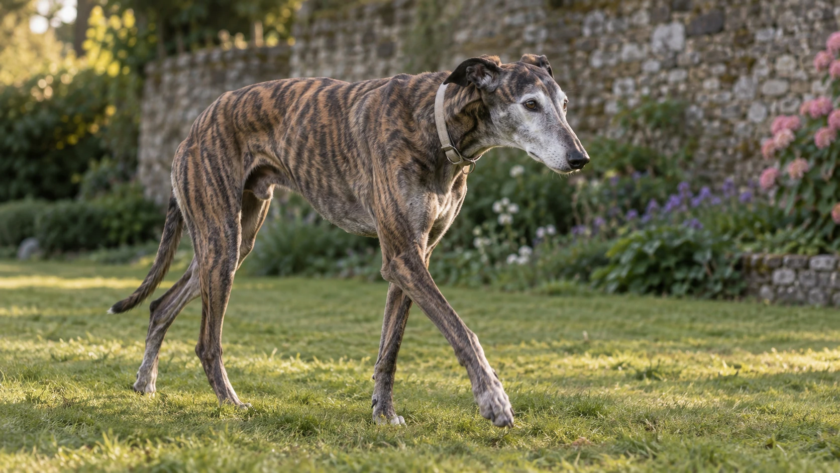 A senior brindle Greyhound walking through a grassy garden.