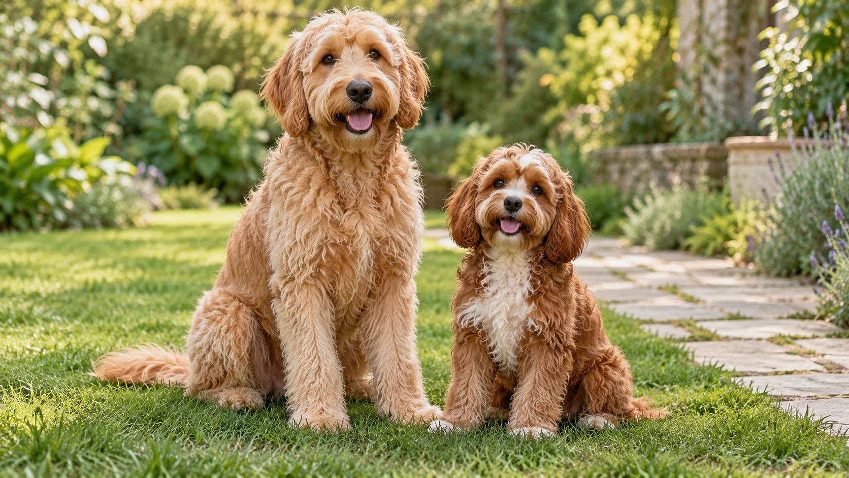 A golden Goldendoodle-type dog and a smaller chestnut-and-cream Cavapoo-type dog sitting together in a garden.