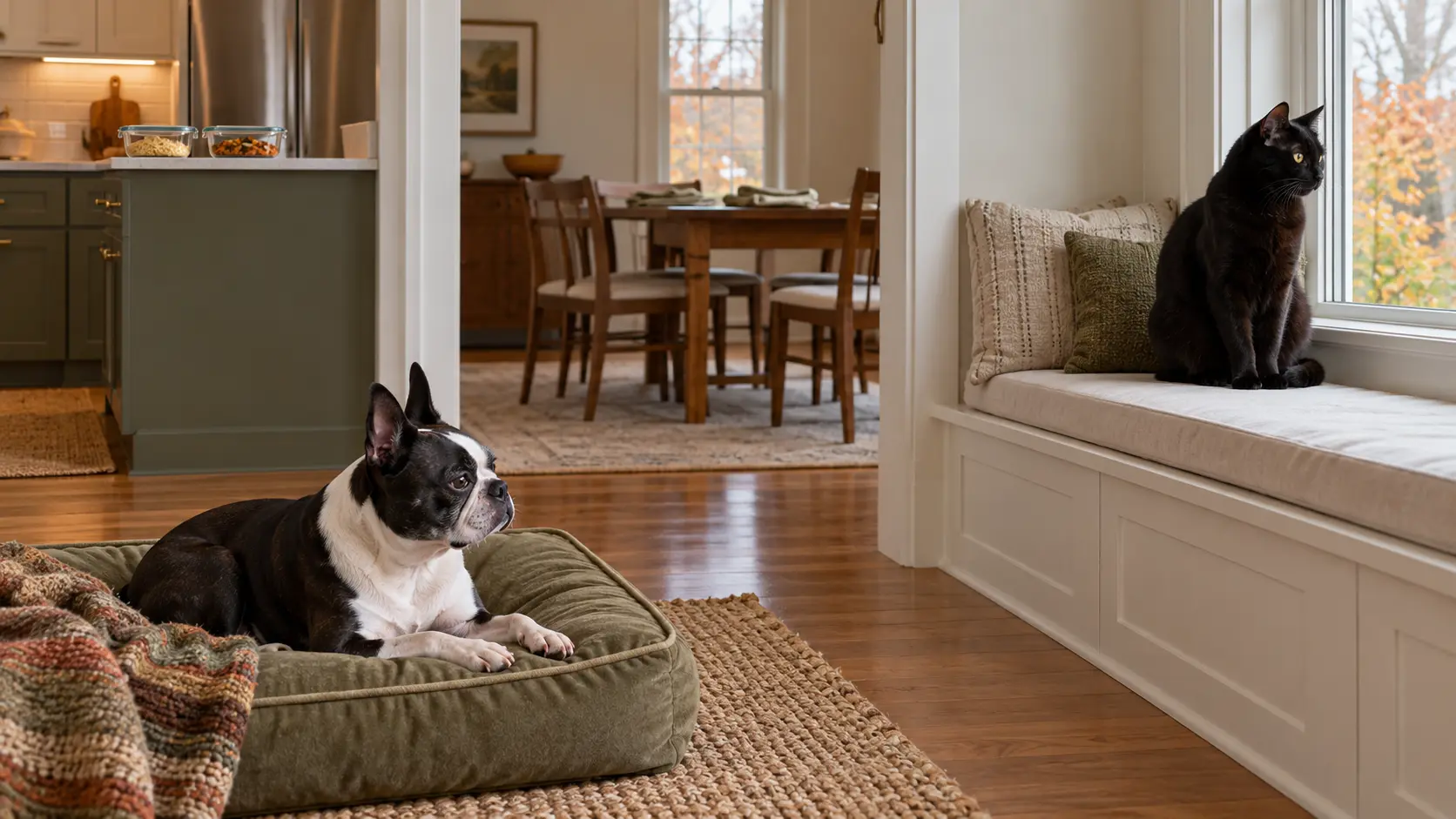 A Boston Terrier rests on an olive dog bed while a black cat sits on a window bench, with covered food containers in the kitchen behind them.